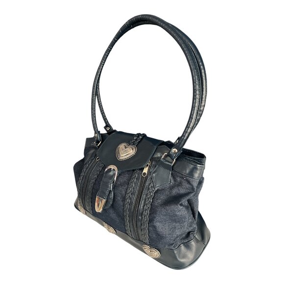 VTG Western-Inspired Dark Navy Blue Denim & Faux Leather Handbag - Picture 2 of 7